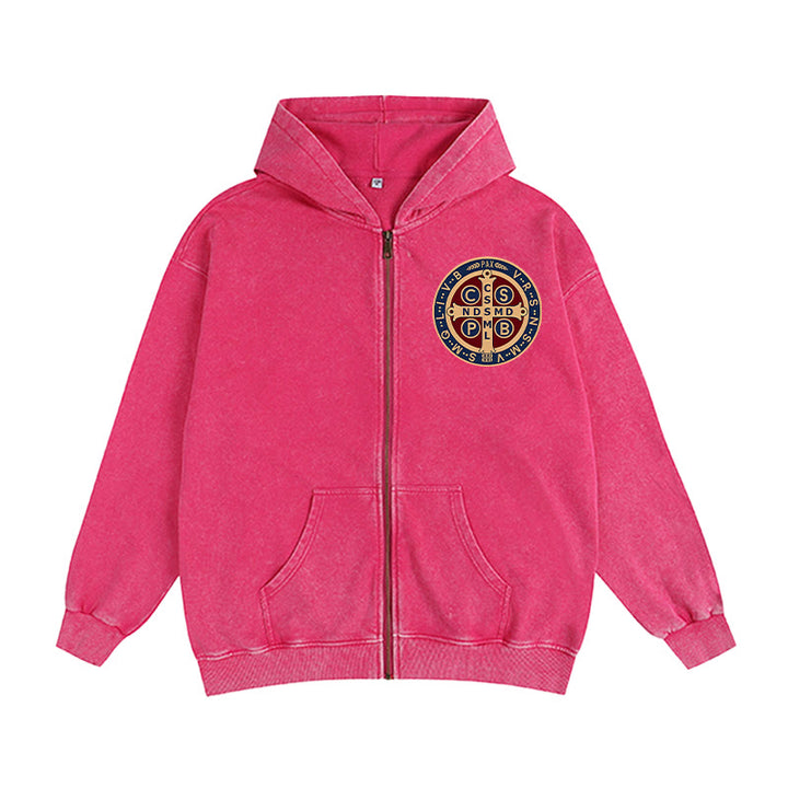 Christianartworkshop St. Benedict Cross Hooded Jacket: Faith Protection for Daily Wear - Rose - 2XL - image 11