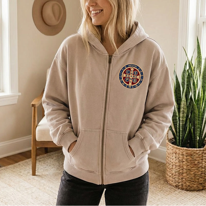 Christianartworkshop St. Benedict Cross Zip-Up Hooded Jacket: Faith Protection for Daily Wear - image 8