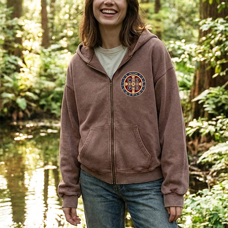 Christianartworkshop St. Benedict Cross Zip-Up Hooded Jacket: Faith Protection for Daily Wear - image 3