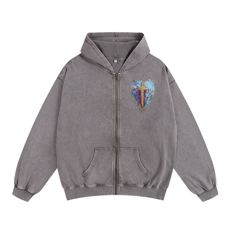 Christianartworkshop Art Cross Zip-Up Hooded Jacket: Daily Reminder of Faith & Beauty - Grey - 2XL - image 2