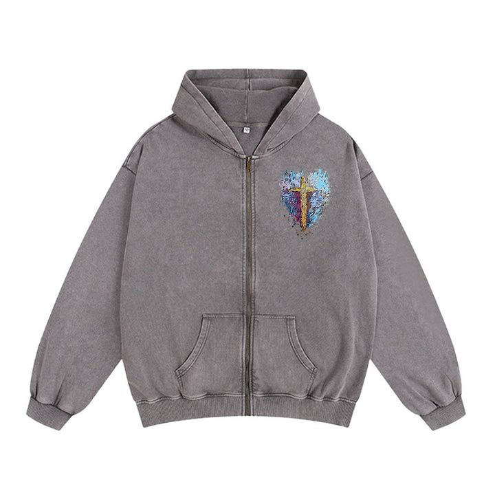 Christianartworkshop Art Cross Zip-Up Hooded Jacket: Daily Reminder of Faith & Beauty - Grey - 2XL - image 2