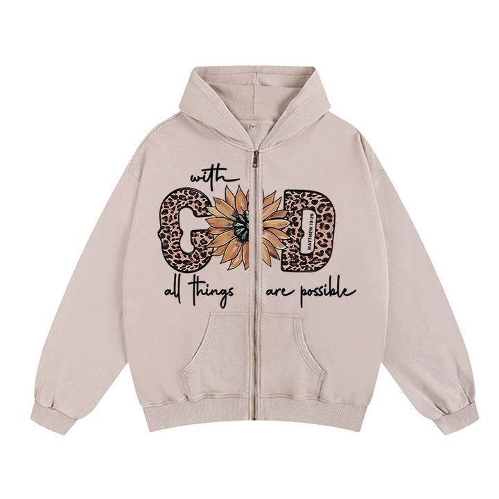 Christianartworkshop GOD-Inspired Sunflower Graphic Zip-Up Hooded Jacket: Daily Faith Reminder - Apricot - 2XL - image 0