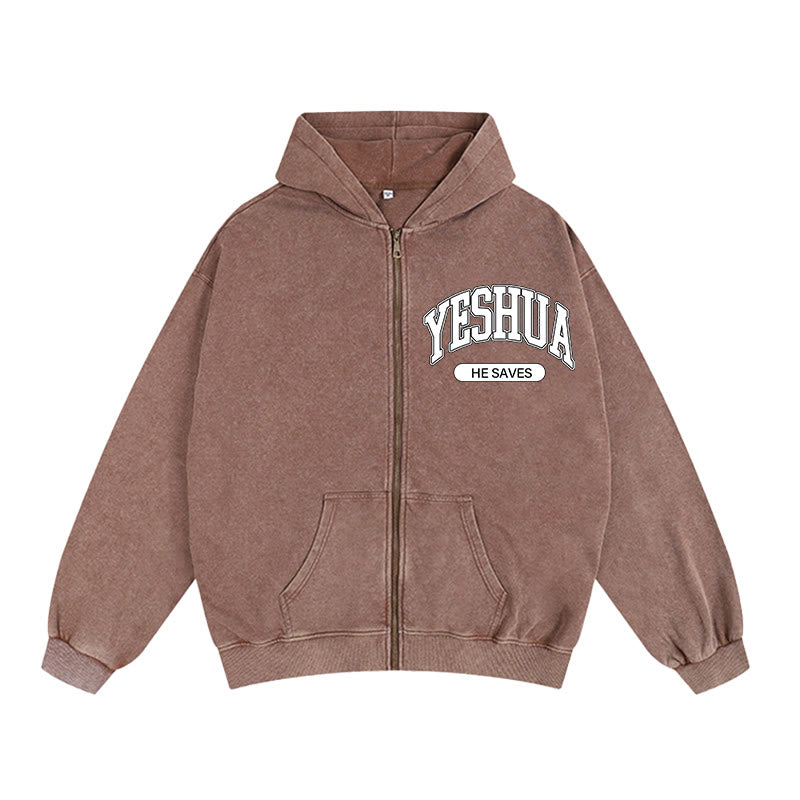 Christianartworkshop YESHUA He Saves Graphic Zip-Up Hooded Jacket: Blend of Faith & Casual Fashion - Coffee - 2XL - image 0
