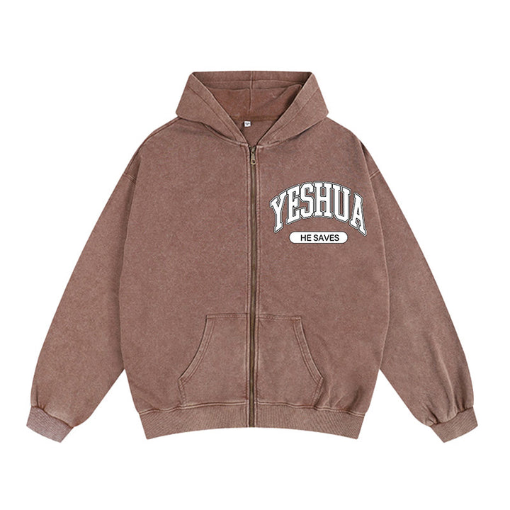 Christianartworkshop YESHUA He Saves Graphic Zip-Up Hooded Jacket: Blend of Faith & Casual Fashion - Coffee - 2XL - image 0