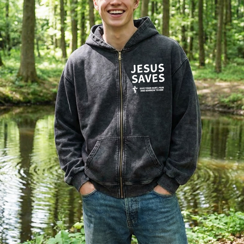 Christianartworkshop Jesus Saves Devotion Zip-Up Hooded Jacket: Express Faith in Daily Life with Ease - image 1
