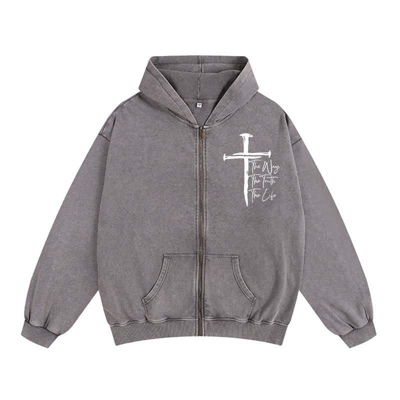 Christianartworkshop Faith Path Cross Hooded Jacket: The Way The Truth The Life in Casual Wear - Grey - 2XL - image 11