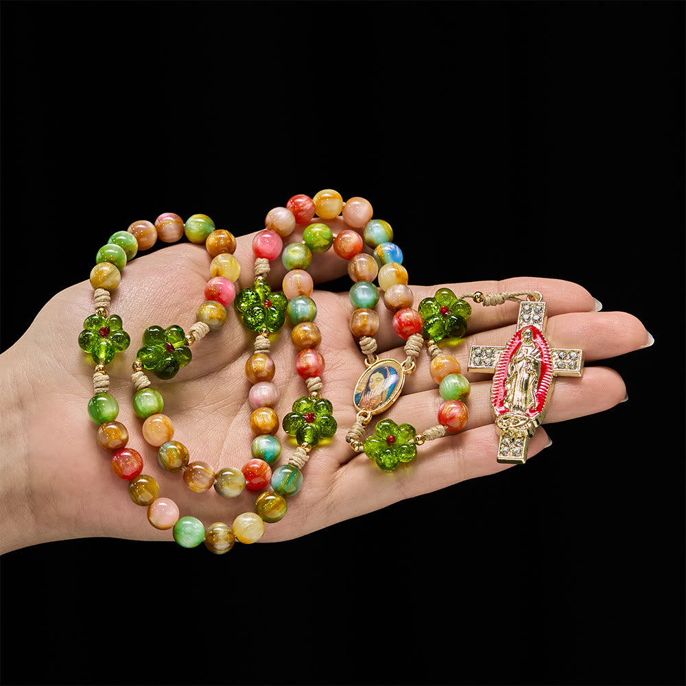 Christianartworkshop Green Flower Glass & Pastel Cat Eye Rosary with Our Lady Faith Cross - Our Lady & Cross - image 0