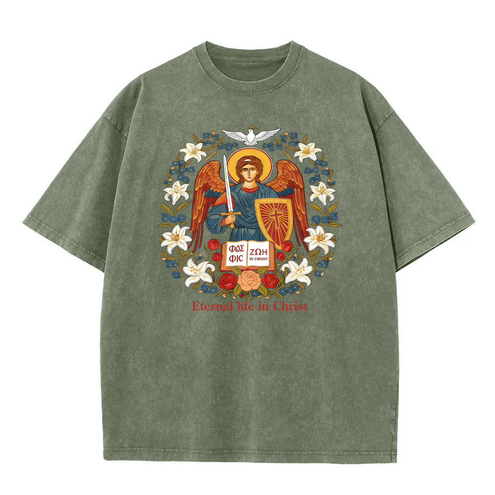 Christianartworkshop Eternal Life in Christ Angel Graphic Unisex Washed T-Shirt - Army Green - 5XL - image 3