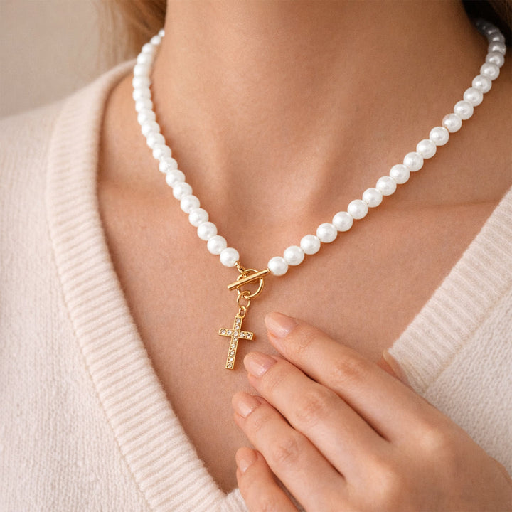 Christianartworkshop Elegant Beaded Strand Cross Charm Toggle Necklace: Wear His Comfort Daily - image 2