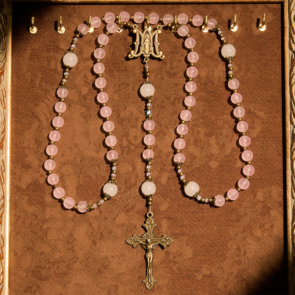 Christianartworkshop Pink Glass & White Glass Beads Ornate Crucifix Rosary: Embody His Gentle Grace - image 2