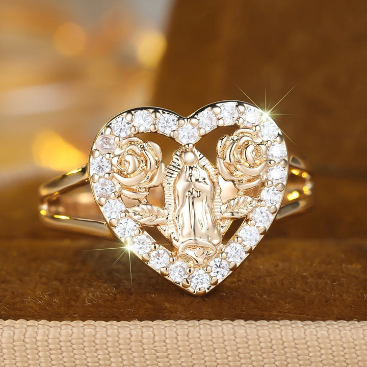 Christianartworkshop Heart-Shaped Our Lady Motif Ring with Rose Accents: Carry Her Care in Daily Wear - UK Size T1/2（US 10） - image 0