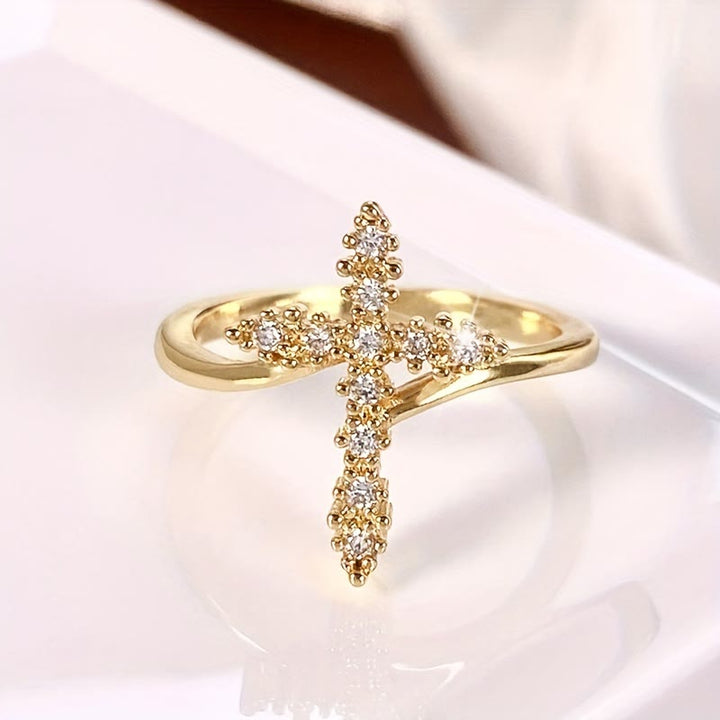 Christianartworkshop Cross Ring with Clustered Cubic Zirconia Accents: Embody His Gentle Grace - Golden - US 12 - image 0