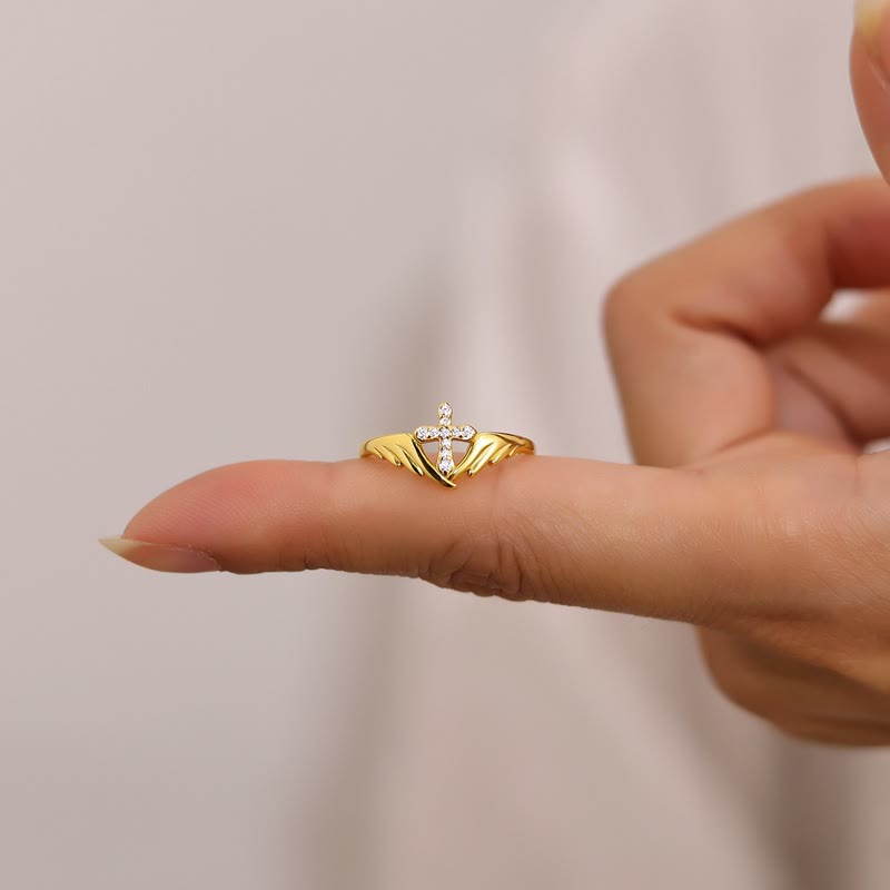 Christianartworkshop Silver Cross Wing Ring with Cubic Zirconia Accents: Embody His Angelic Protection - Golden（ Suitable for UK Size J1/2 - UK Size S） - image 1