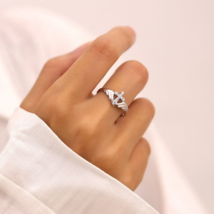 Christianartworkshop Silver Cross Wing Ring with Cubic Zirconia Accents: Embody His Angelic Protection - Silver（ Suitable for UK Size J1/2 - UK Size S） - image 2
