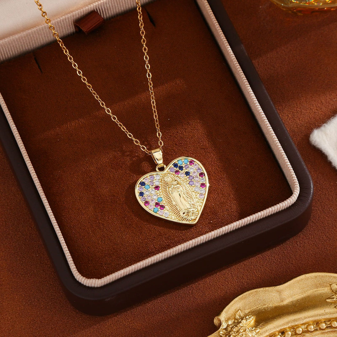 Christianartworkshop Radiant Our Lady Necklace with Heart-Frame Cubic Zirconia: Carry Her Care in Daily Wear - Colorful - image 2
