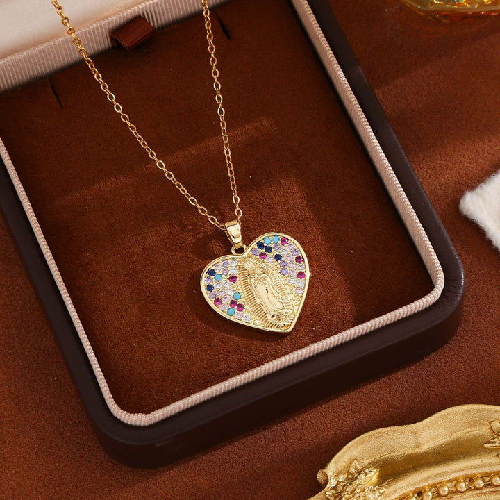 Christianartworkshop Radiant Our Lady Necklace with Heart-Frame Cubic Zirconia: Carry Her Care in Daily Wear - Colorful - image 2