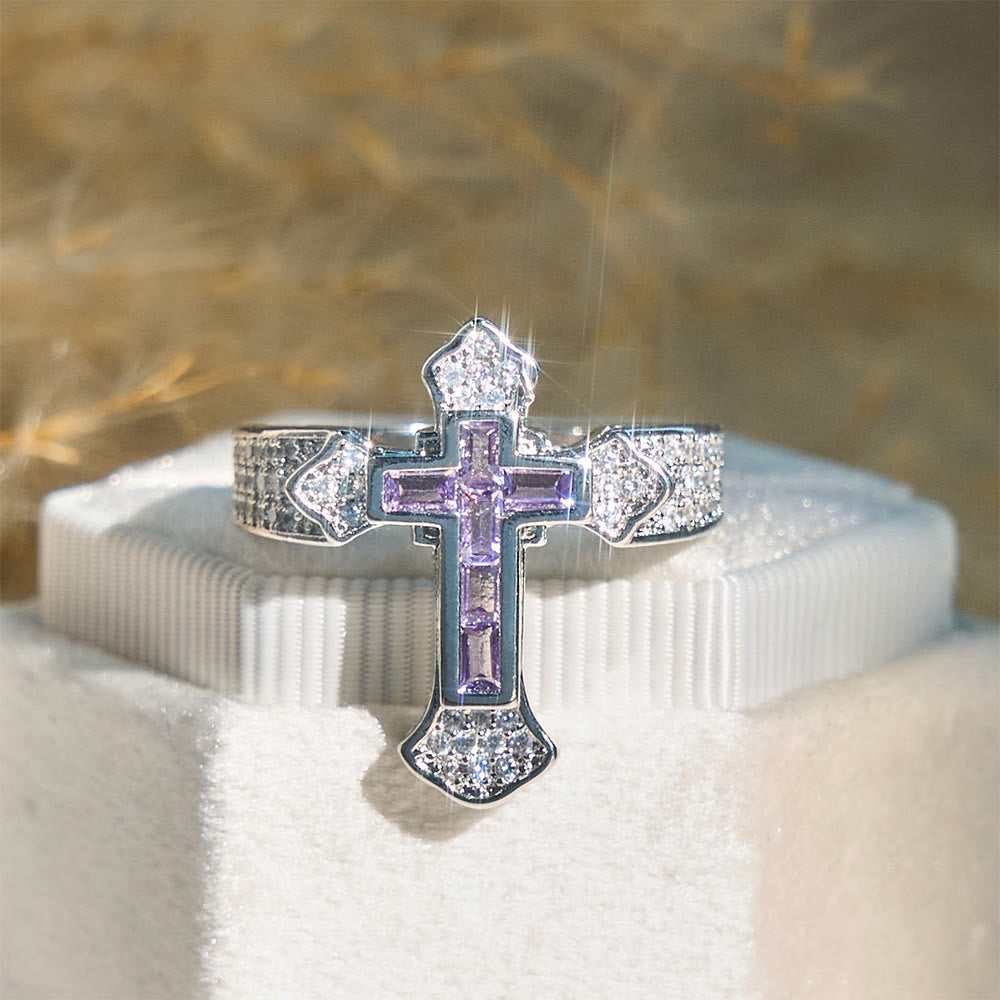 Christianartworkshop Central Cross Motif Ring with Cubic Zirconia Accents: Carry His Care in Daily Wear - Silver & Purple Zircon - UK Size V1/2（US 11） - image 6