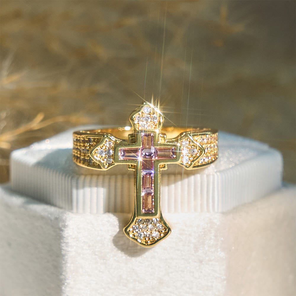 Christianartworkshop Central Cross Motif Ring with Cubic Zirconia Accents: Carry His Care in Daily Wear - Golden & Purple Zircon - US 12 - image 2