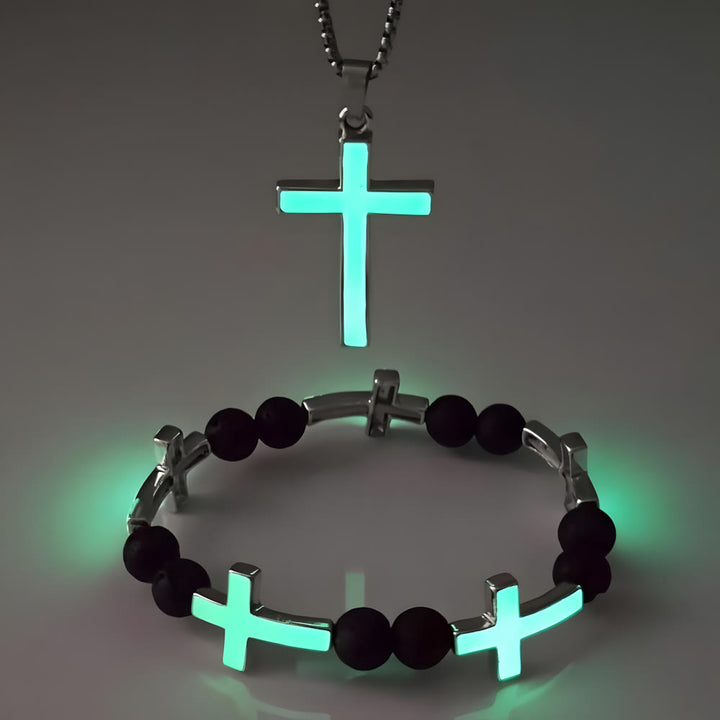 Christianartworkshop Luminous Cross Necklace & Beaded Bracelet Set: Remind of His Quiet Light - Green Set of 2 - image 0