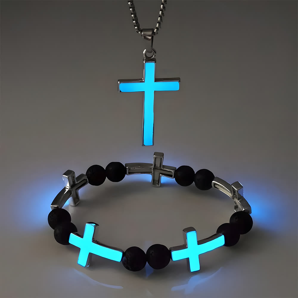 Christianartworkshop Luminous Cross Necklace & Beaded Bracelet Set: Remind of His Quiet Light - Blue Set of 2 - image 5