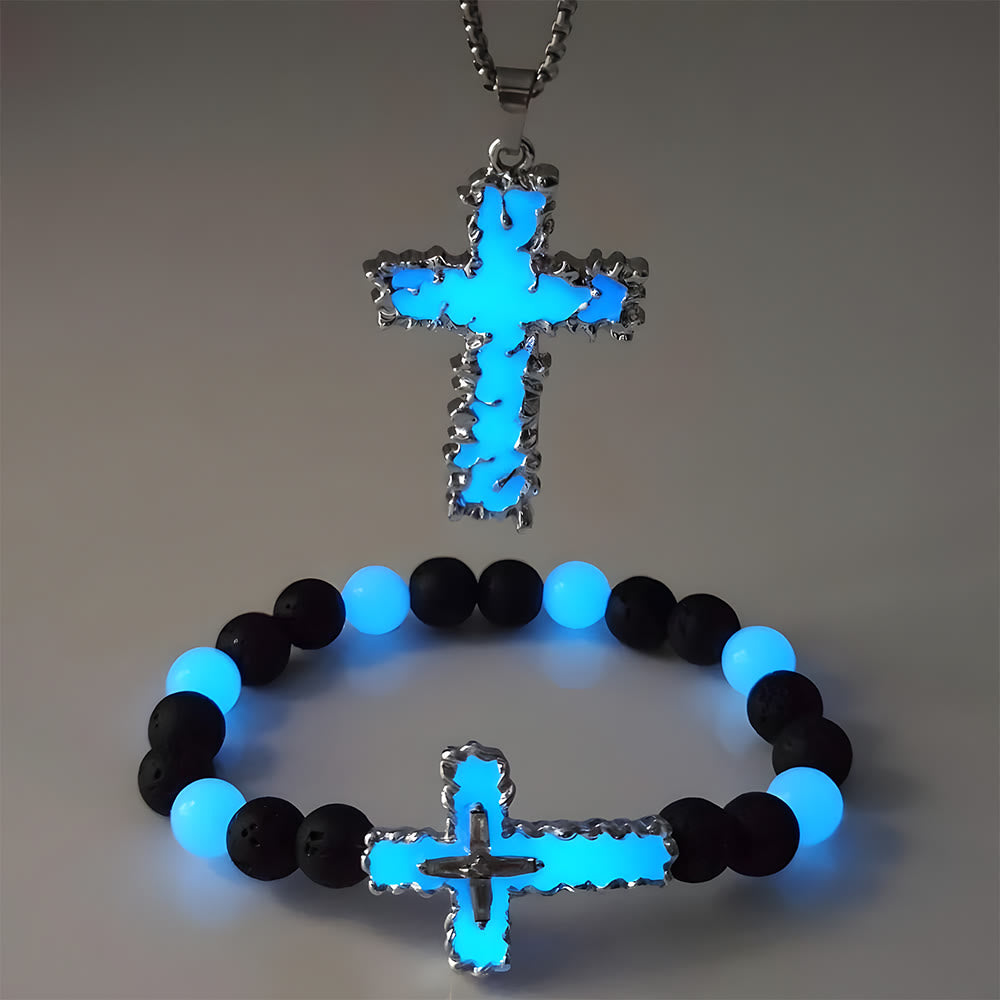 Christianartworkshop 3-Color Luminous Cross Necklace & Beaded Bracelet Set: Remind of His Quiet Light - Green Set of 2 - image 4