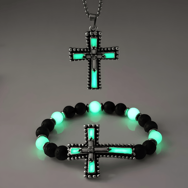 Christianartworkshop Glow-in-the-Dark Cross Jewelry Set with Volcanic Stone: Hold His Grace Close After Dark - Green Set of 2 - image 3