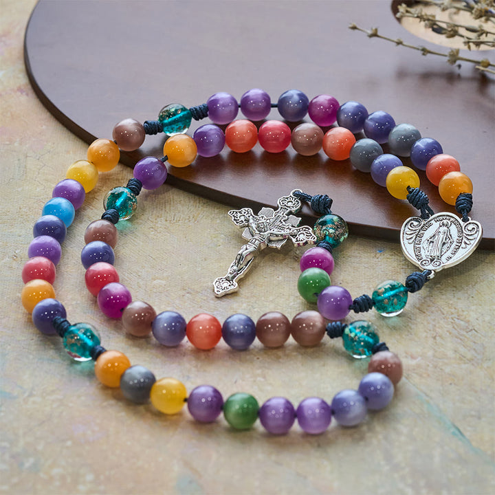Christianartworkshop Color-Shifting Cat's Eye Rosary with Our Lady Guardian: Iridescent Faith Design - image 4
