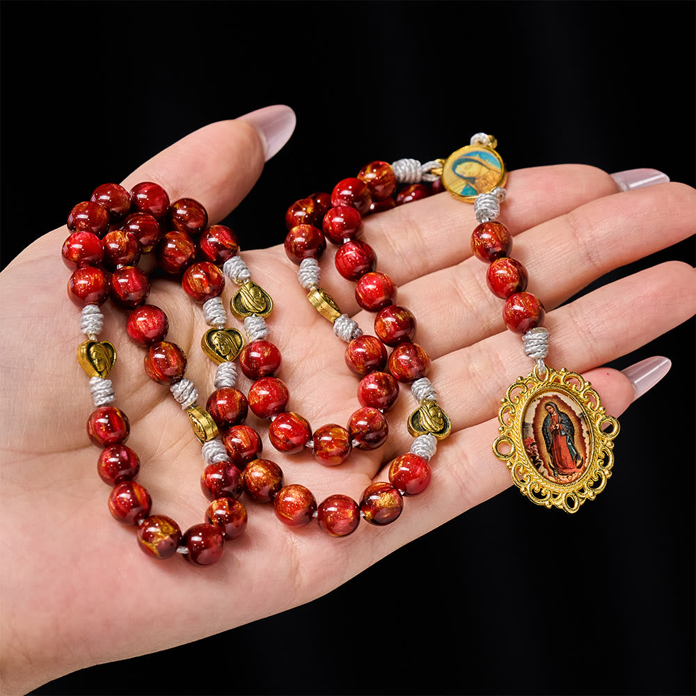 Christianartworkshop Sparkle Wine Red Seven Sorrows Faith Rosary with Vintage Golden Our Lady Medal - image 1