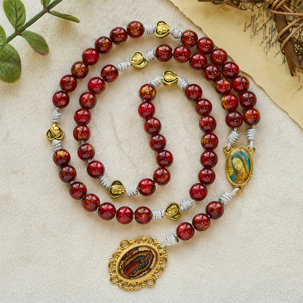 Christianartworkshop Sparkle Wine Red Seven Sorrows Faith Rosary with Vintage Golden Our Lady Medal - Seven Sorrows Rosary - image 0