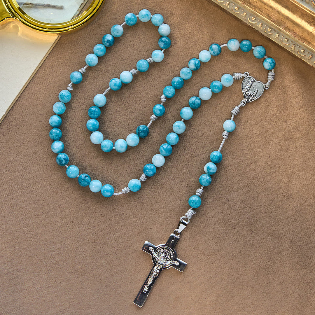Christianartworkshop Elegant lue Persian Jade Catholic Rosary with Our Lady Faith Companion - Our Lady & Crucifix - image 0