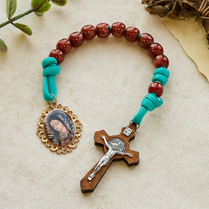 Christianartworkshop Vibrant Turquoise Paracord and Crimson Bead Pocket Rosary with Our Lady & Crucifix Companion - Our Lady & Crucifix - image 0