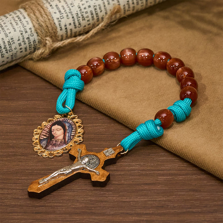 Christianartworkshop Vibrant Turquoise Paracord and Crimson Bead Pocket Rosary with Our Lady & Crucifix Companion - image 3