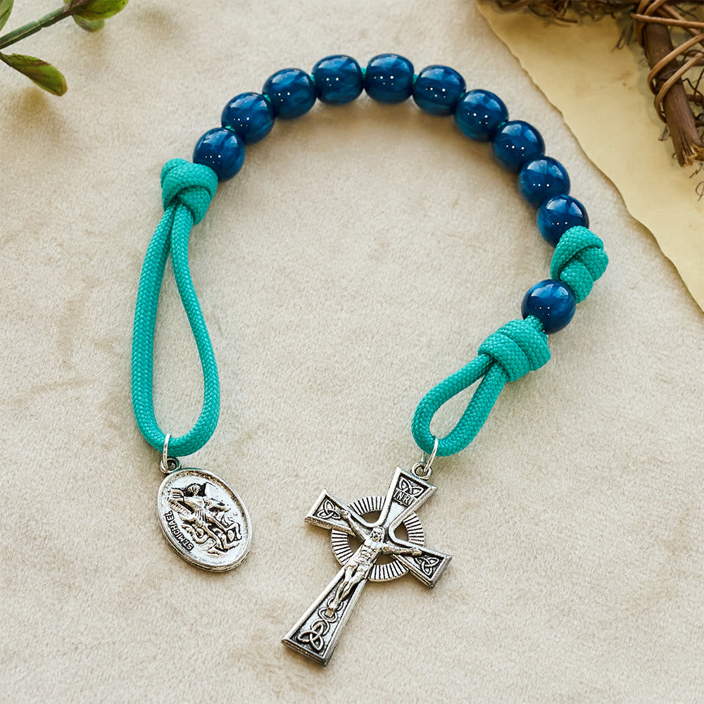 Christianartworkshop Navy Beads & Turquoise Cord Pocket Rosary with St. Michael Devotion - image 4