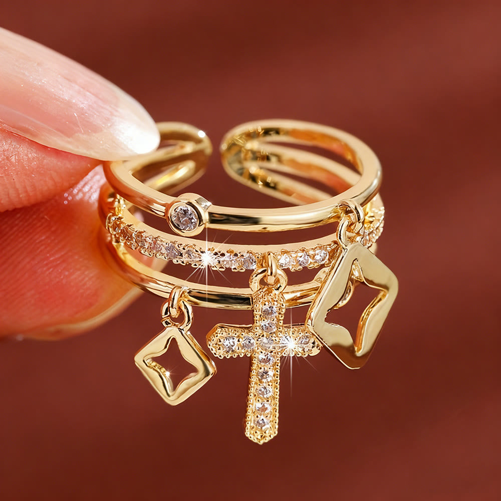 Christianartworkshop Shimmering Cross Charm Layered Band Ring: Remind of His Quiet Peace - Golden(Suitable for UK Size L1/2 - UK Size V1/2) - image 0