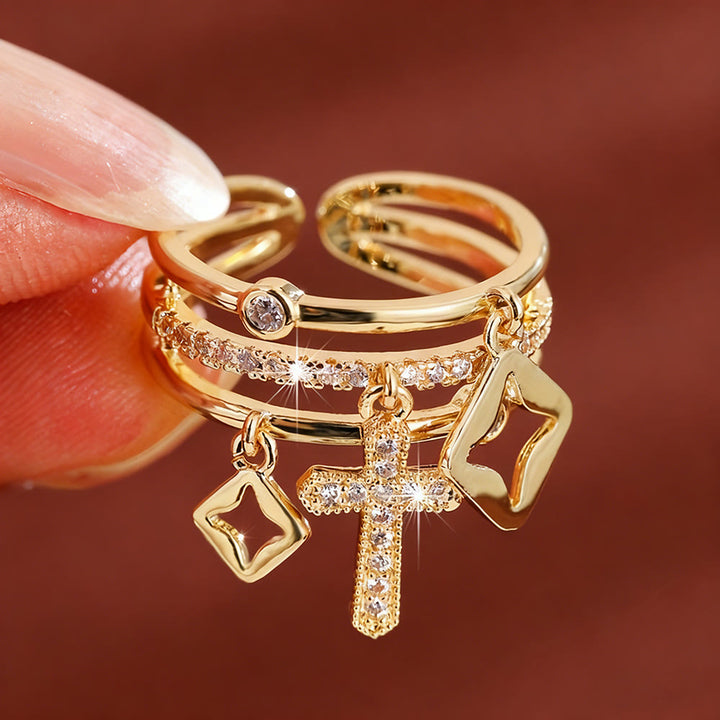 Christianartworkshop Shimmering Cross Charm Layered Band Ring: Remind of His Quiet Peace - Golden(Suitable for UK Size L1/2 - UK Size V1/2) - image 0