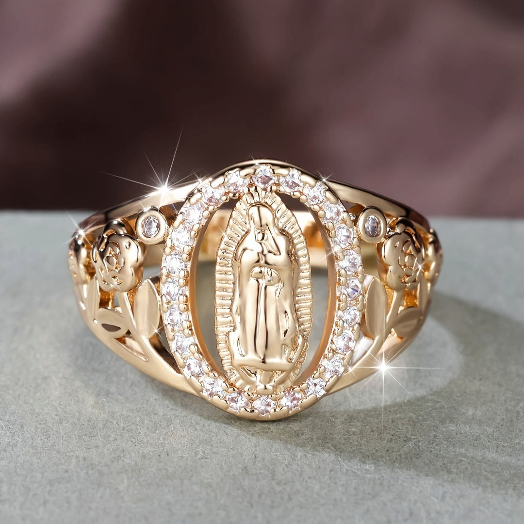 Christianartworkshop Our Lady Ring with Encircled Zircons & Floral Accents: Embody Her Tender Grace - UK Size T1/2（US 10） - image 0