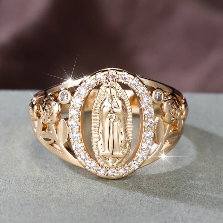 Christianartworkshop Our Lady Ring with Encircled Zircons & Floral Accents: Embody Her Tender Grace - UK Size T1/2（US 10） - image 0