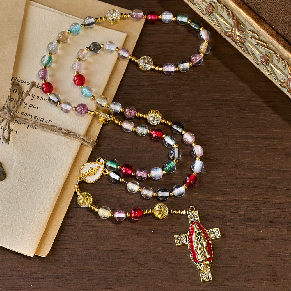 Christianartworkshop Rainbow Shimmer Cat's Eye Rosary with Our Lady Devotional Cross - image 1