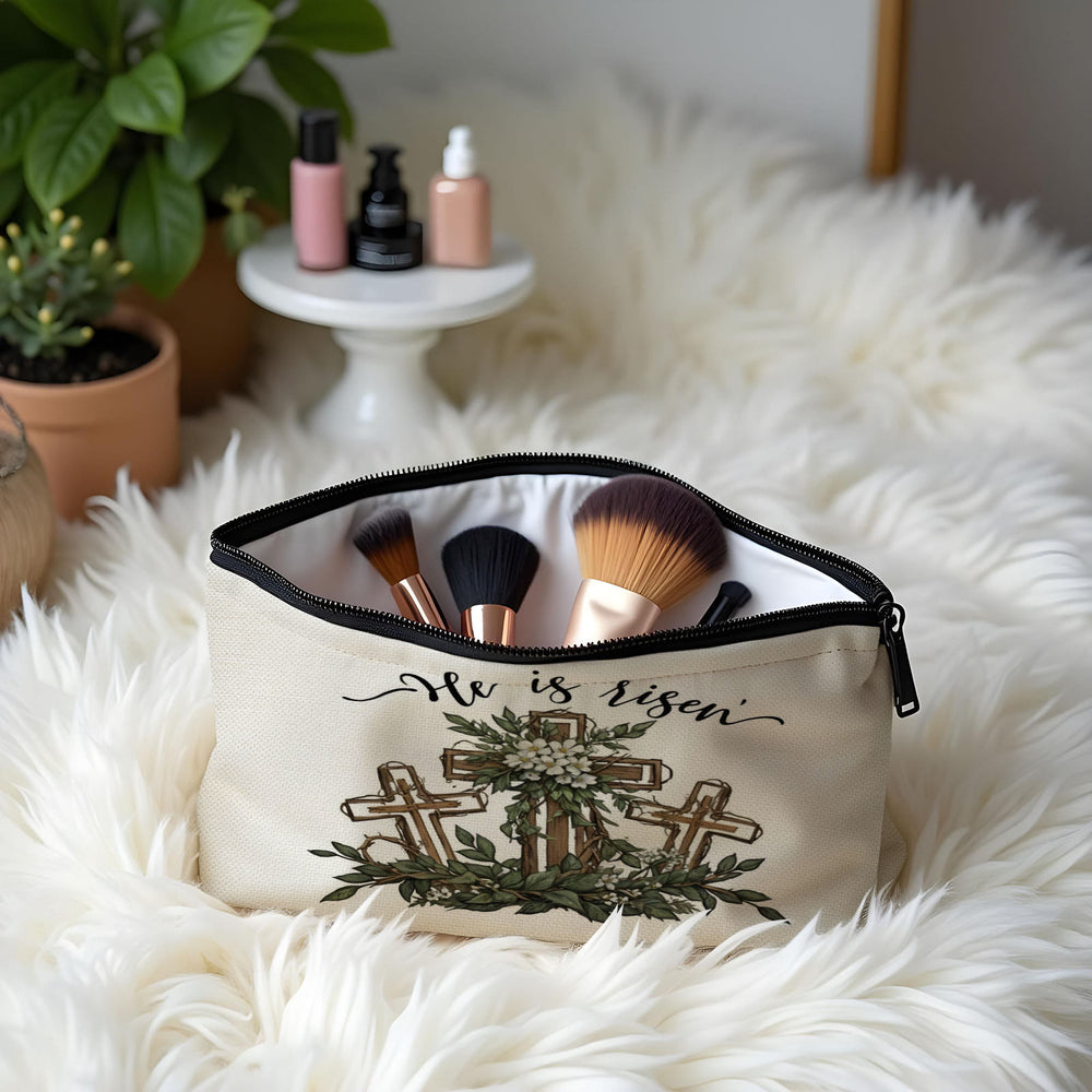 Christianartworkshop He is Risen Floral Cross Travel Cosmetic Bag: Embody His Resurrection Hope - image 1