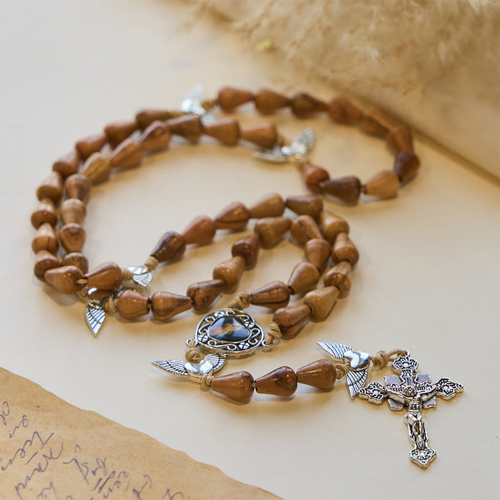Christianartworkshop Rustic Olive Wood Teardrop Rosary with Angel Wings & Sacred Crucifix - image 3