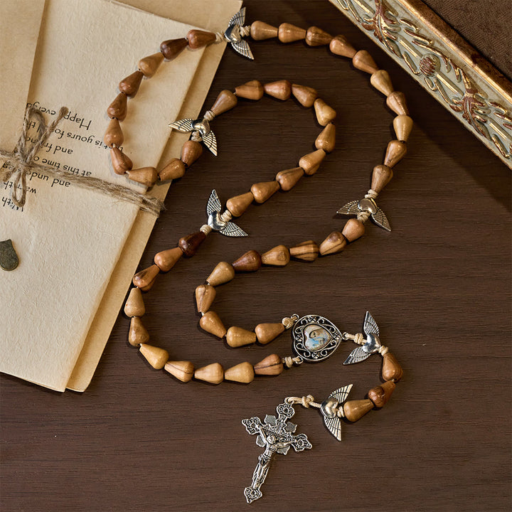 Christianartworkshop Rustic Olive Wood Teardrop Rosary with Angel Wings & Sacred Crucifix - image 2