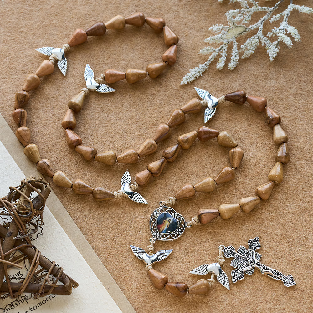 Christianartworkshop Rustic Olive Wood Teardrop Rosary with Angel Wings & Sacred Crucifix - Our Lady & Crucifix - image 0