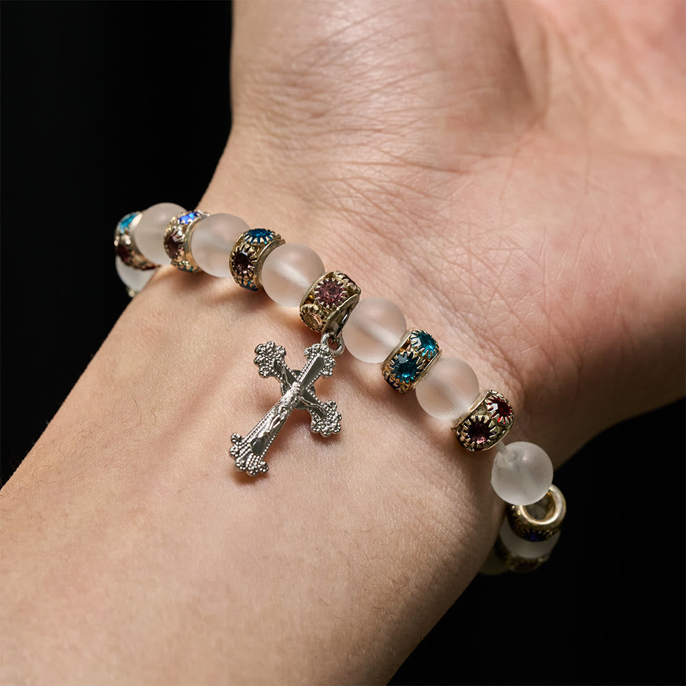 Christianartworkshop Frosted Green Agate & White Glass Cross Bracelet: Gentle Faith in Luminous Texture - image 12