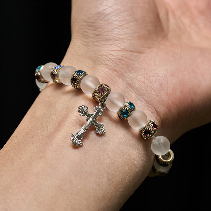 Christianartworkshop Frosted Green Agate & White Glass Cross Bracelet: Gentle Faith in Luminous Texture - image 12