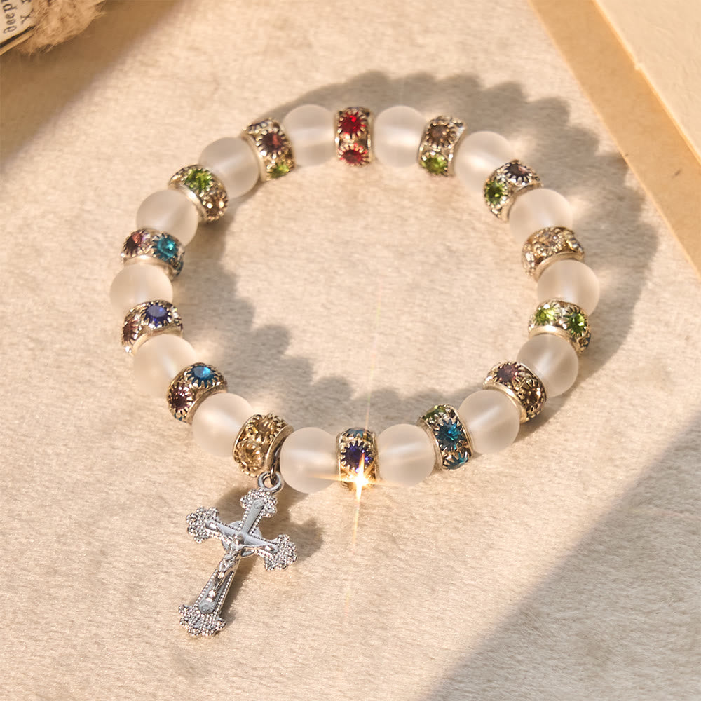 Christianartworkshop Frosted Green Agate & White Glass Cross Bracelet: Gentle Faith in Luminous Texture - White - image 13