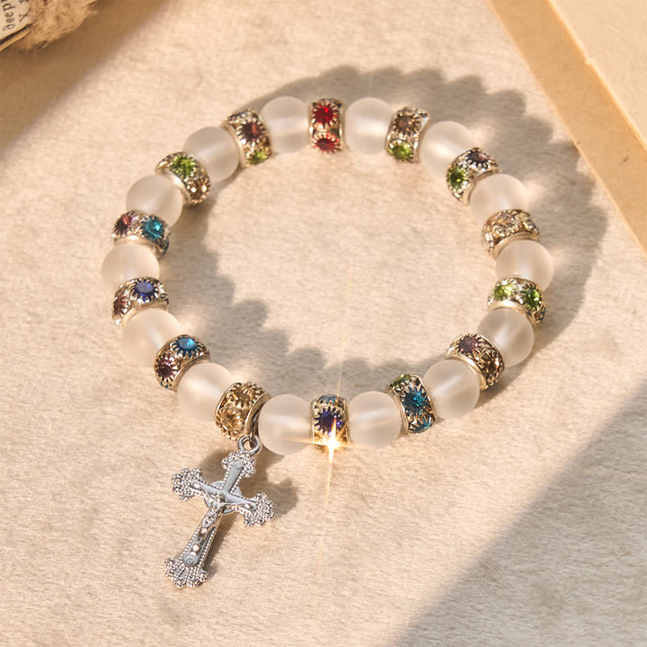 Christianartworkshop Frosted Green Agate & White Glass Cross Bracelet: Gentle Faith in Luminous Texture - White - image 13
