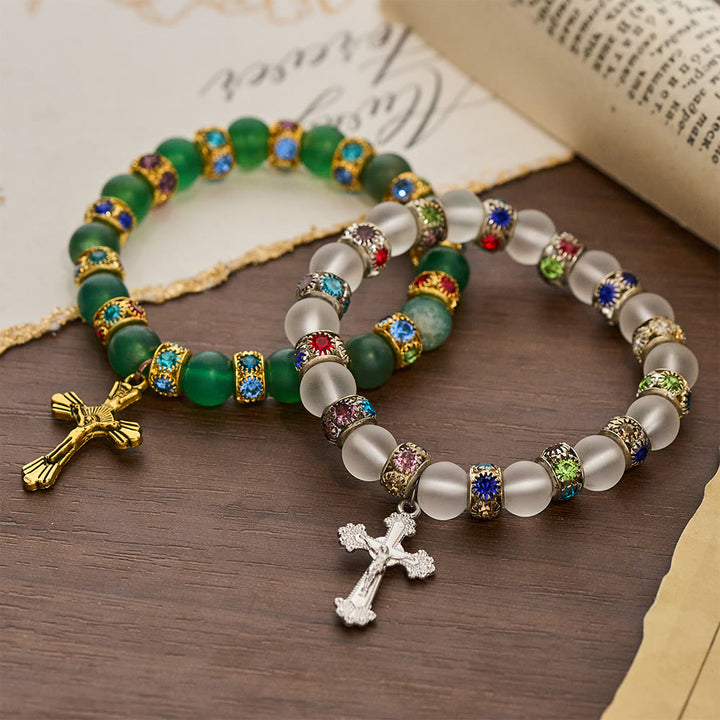 Christianartworkshop Frosted Green Agate & White Glass Cross Bracelet: Gentle Faith in Luminous Texture - image 1