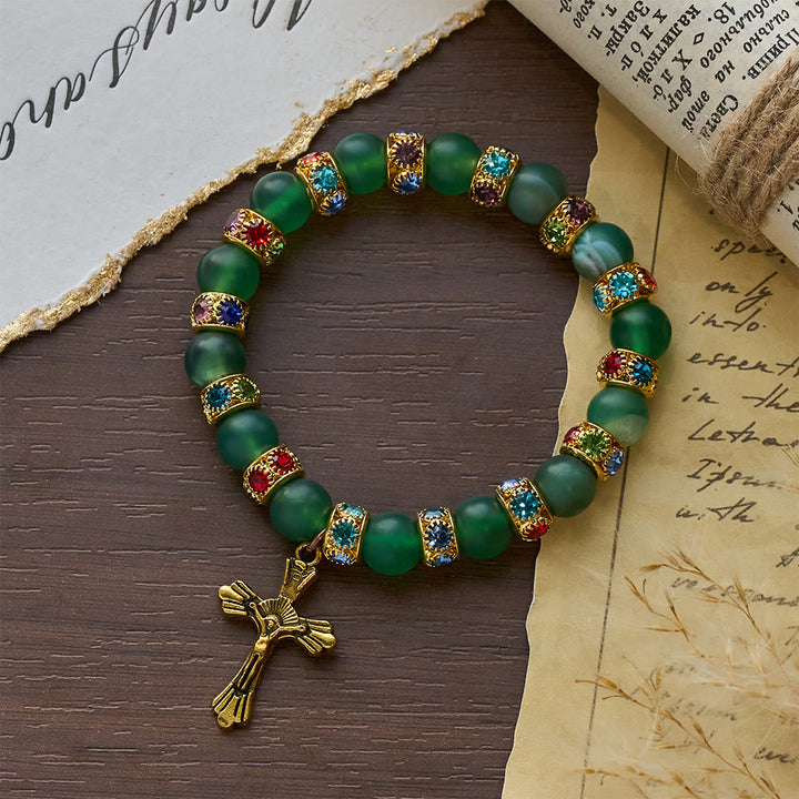 Christianartworkshop Frosted Green Agate & White Glass Cross Bracelet: Gentle Faith in Luminous Texture - image 6