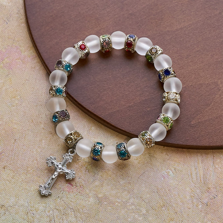 Christianartworkshop Frosted Green Agate & White Glass Cross Bracelet: Gentle Faith in Luminous Texture - image 11