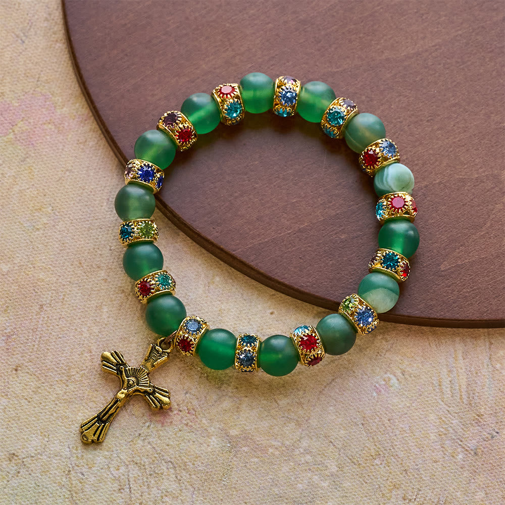 Christianartworkshop Frosted Green Agate & White Glass Cross Bracelet: Gentle Faith in Luminous Texture - image 2